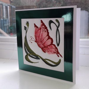 Papillon rose Art nouveau - Broderie complexe sur du feutre - Carte de voeux