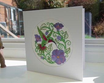 Hummingbird In Flowers - Intricate Embroidered on Felt- Greetings Card