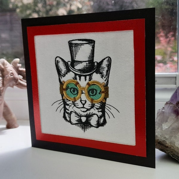 Steam Punk Kitty - Steam Punk Cat - Intricate Embroidered on Felt - Greetings Card