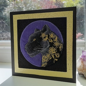 Panthère de minuit - Broderie complexe sur chenille - Carte de voeux