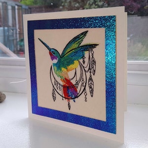 Colibri attrape-rêves - Broderie complexe sur du feutre - Carte de voeux