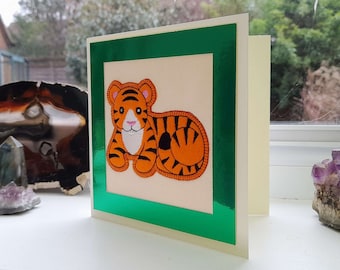 Crouching Courage Tiger - Intricate Embroidered on Felt - Greetings Card