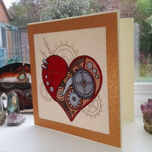 Carte de Saint-Valentin coeur steampunk - broderie complexe sur feutre - carte de voeux