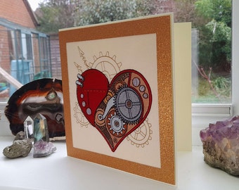 Steampunk Heart Valentine - Intricate Embroidered on Felt - Greetings Card