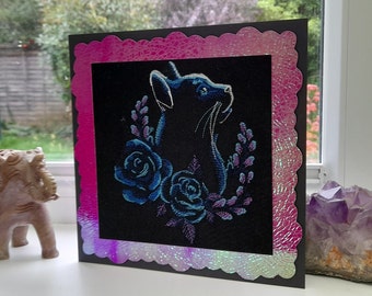 Star Gazing Kitty - Intricate Embroidered on Chenile - Greetings Card