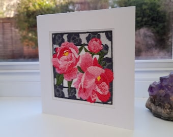 Pink Peonies - Intricate Embroidered on Felt - Greetings Card