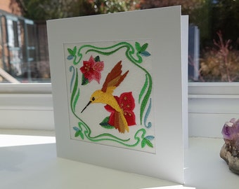 Art Nouveau Summer Hummingbird - Intricate Embroidered on Felt- Greetings Card