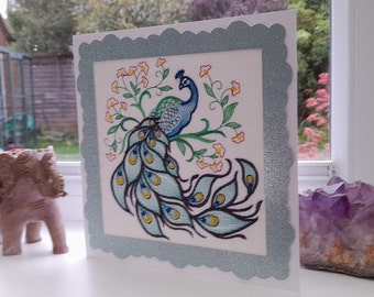 Whimsical Peacock - Intricate Embroidered on Felt- Greetings Card