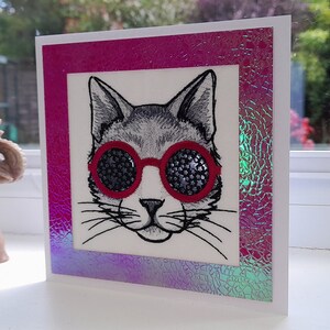 Star Struck Kitty - Cool Cat - Complexe brodé sur du feutre - Carte de voeux