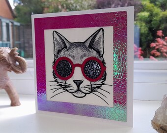 Star Struck Kitty - Cool Cat - Intricate Embroidered on Felt - Greetings Card