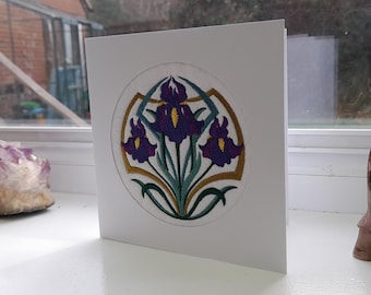 Art Deco Iris - Intricate Embroidered on Felt- Greetings Card
