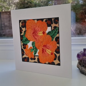 Léopard hibiscus - Broderie complexe sur du feutre - Carte de voeux