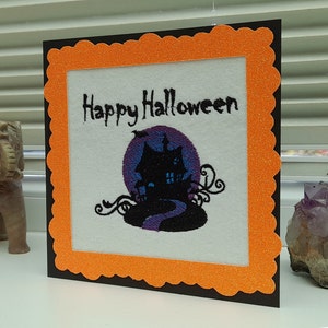 Carte de la maison hantée Happy Halloween - Broderie complexe sur du feutre - Carte de voeux