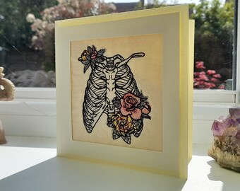 Dire Blooms Rib Cage - Intricate Embroidered on Cream Felt  - Greetings Card