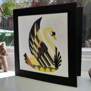Art déco cygne jaune - broderies complexes sur feutre - carte de voeux