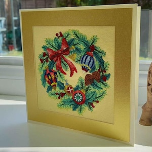 Couronne de fête carte de Noël - complexe brodé sur feutre - carte de voeux