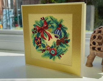 Festive wreath Christmas Card - Intricate Embroidered on Felt - Greetings Card
