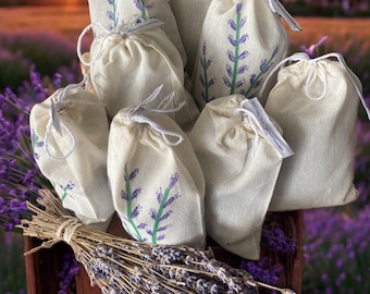 Organic Lavender Sachets in Hand-painted Muslin Bags, US Farm Grown, Freshener, Wedding Favors, Party Favors