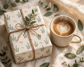 Può includere: Una scatola regalo rettangolare avvolta in carta color crema con un motivo ripetuto di piccole tazze da caffè e rametti di eucalipto verde, legata con spago marrone e sormontata da un rametto di eucalipto accanto a un latte fumante.