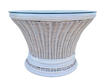 Round Rattan End Table with Glass Top 30W 21H - Vintage White Wash Pedestal Wicker Base Side or Accent Table Coastal Boho Chic Furniture
