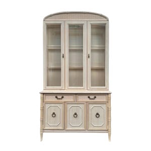 Buffet with Lighted Hutch by Broyhill - Illuminated White Wash Wood Faux Bamboo & Glass Display Hollywood Regency China Cabinet