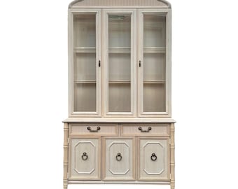 Vintage Broyhill Lighted Hutch Buffet - Whitewash Faux Bamboo Hollywood Regency China Cabinet