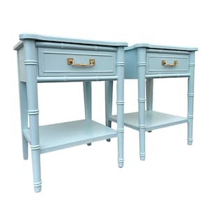 SOLD Set of 2 Henry Link Nightstands Painted Surf Spray Blue & Gold FREE SHIPPING Vintage Bali Hai Faux Bamboo Hollywood Regency Tables image 1
