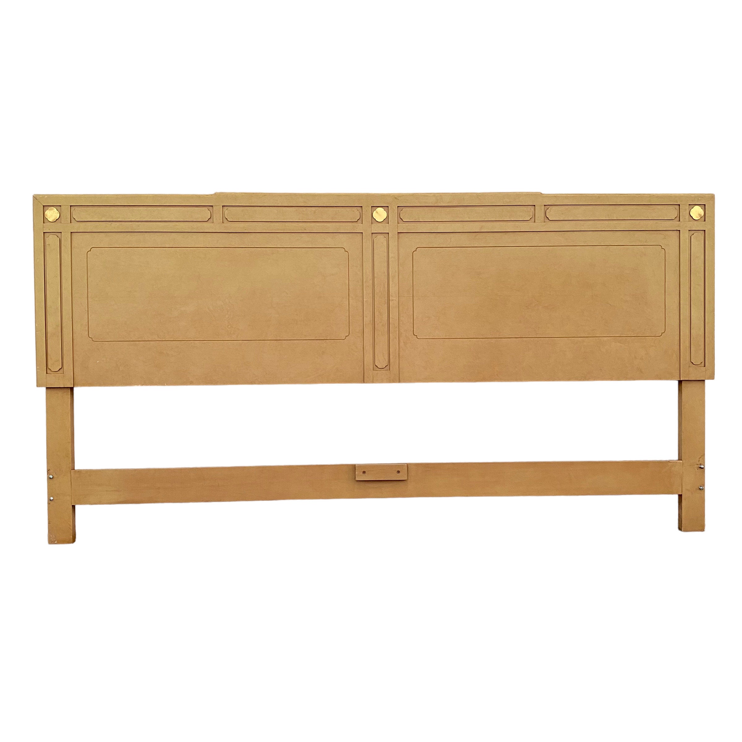 Chinoiserie King Headboard in Tan with Gold Brass Details - Vintage Asian Style Bedroom Furniture
