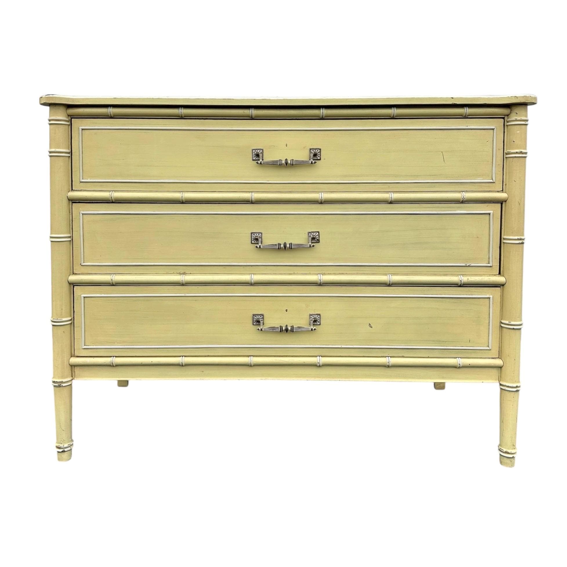 SOLD Rare 42” Henry Link Bali Hai 3 Drawer Dresser Chest, Vintage Yellow Faux Bamboo, Hollywood Regency Coastal Nightstand