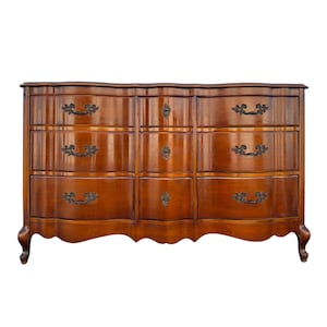French Provincial Serpentine Dresser 58" Long - Vintage Carved Mahogany Wood Louis XV Country Shabby Chic Style Credenza with 9 Drawers