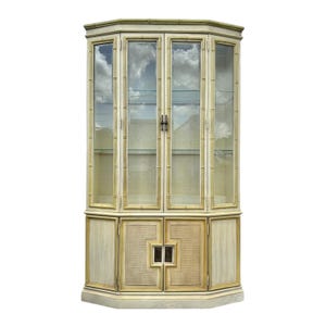 Faux Bamboo China Cabinet by Stanley - Vintage Yellow Lighted Hollywood Regency Coastal Illuminated Rattan Cane Angled Glass Display Case