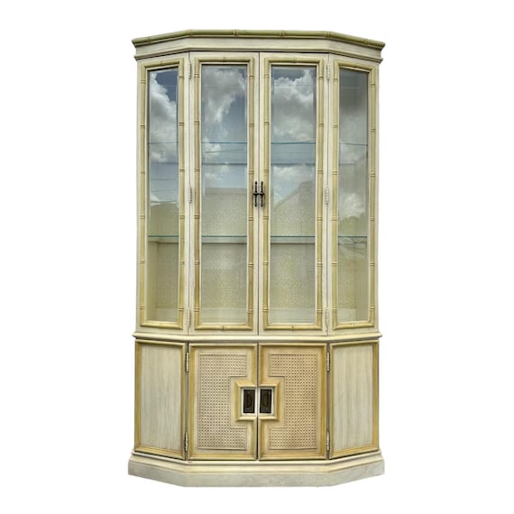Faux Bamboo China Cabinet by Stanley - Vintage Yellow Lighted