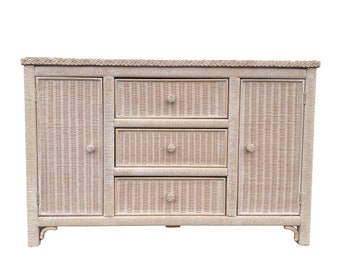 Vintage Henry Link Wicker Sideboard with 3 Drawers - White Wash Wood Hollywood Regency Coastal Rattan Buffet Cabinet or Credenza