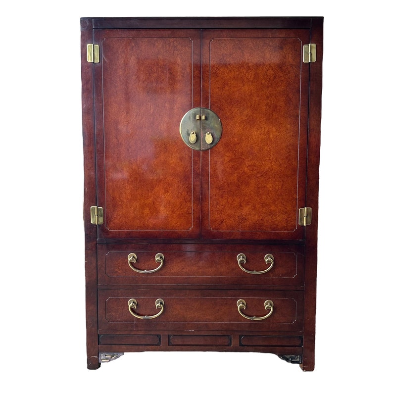Chinoiserie Armoire Dresser by White Furniture Vintage Mahogany Wood Lacquer & Gold Brass Asian Chinese Hollywood Regency Style Furniture image 1