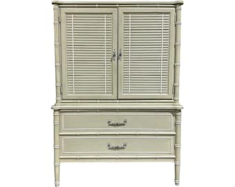 Henry Link Bali Hai Armoire Dresser with Faux Bamboo & Louvered Shutter Doors - Vintage Sage Green Hollywood Regency Chinoiserie Coastal