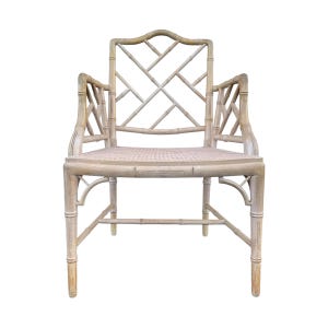 Vintage Chinese Chippendale Arm Chair - Faux Bamboo, Rattan Cane Seat, Whitewashed Wood, Chinoiserie Fretwork, Cushions, Hollywood Regency
