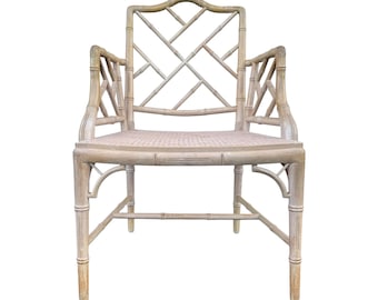 Vintage Chinese Chippendale Arm Chair - Faux Bamboo, Rattan Cane Seat, Whitewashed Wood, Chinoiserie Fretwork, Cushions, Hollywood Regency