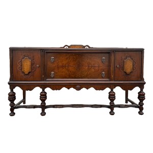 Antique Sideboard with Burl Wood 72” Long - Rockford Depression Era Buffet Jacobean English Tudor Style Art Deco Carved Vintage Furniture