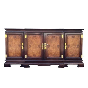 Chinoiserie Credenza 64” Long - Vintage Ming Asian Chinese Hollywood Regency Style Two-stone Wood & Brass Sideboard Buffet