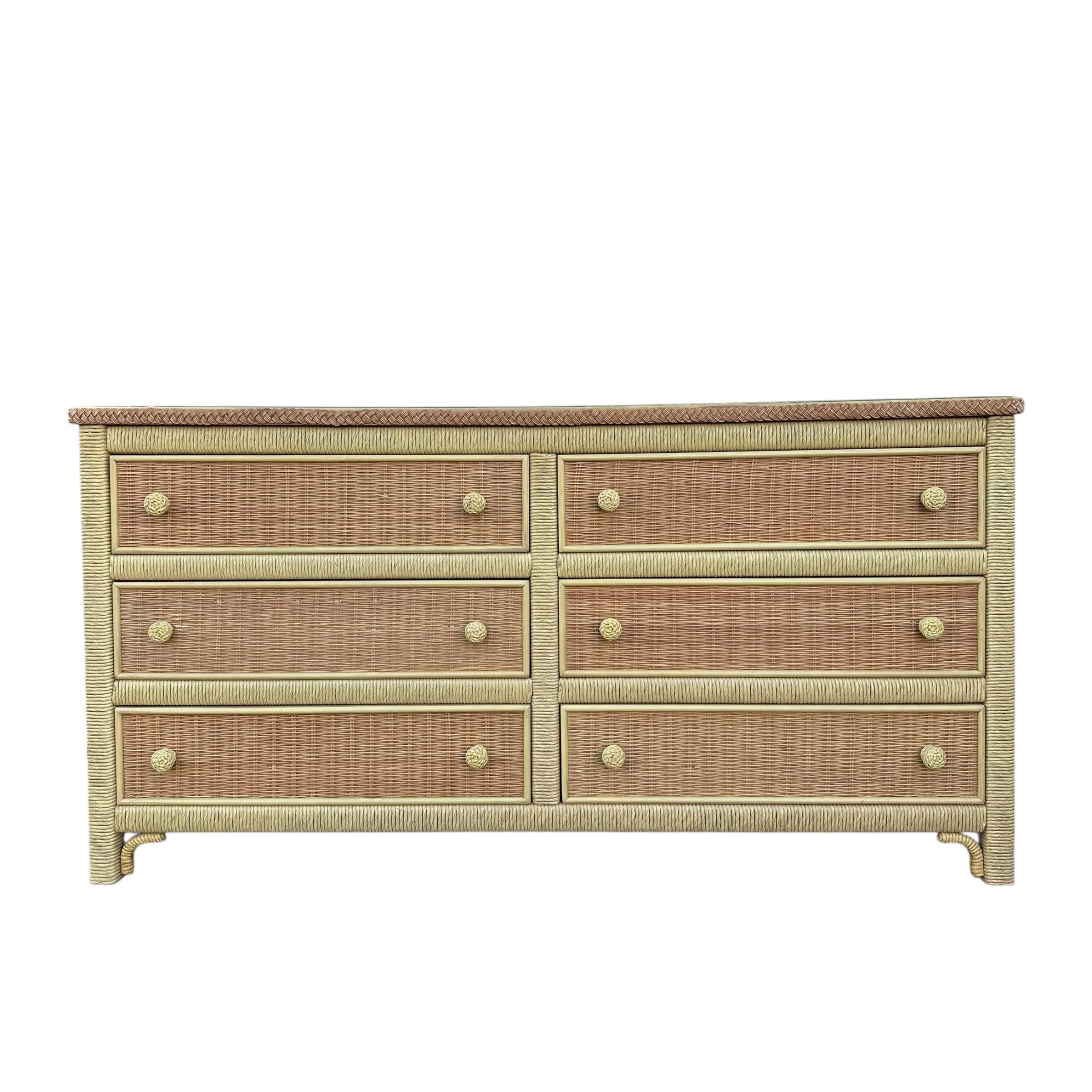 Henry Link Wicker Dresser With 6 Drawers - Vintage Wrapped Rattan