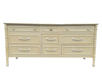 Faux Bamboo Dresser Project with 9 Drawers - Vintage Creamy White Hollywood Regency Coastal Tropical Credenza Furniture