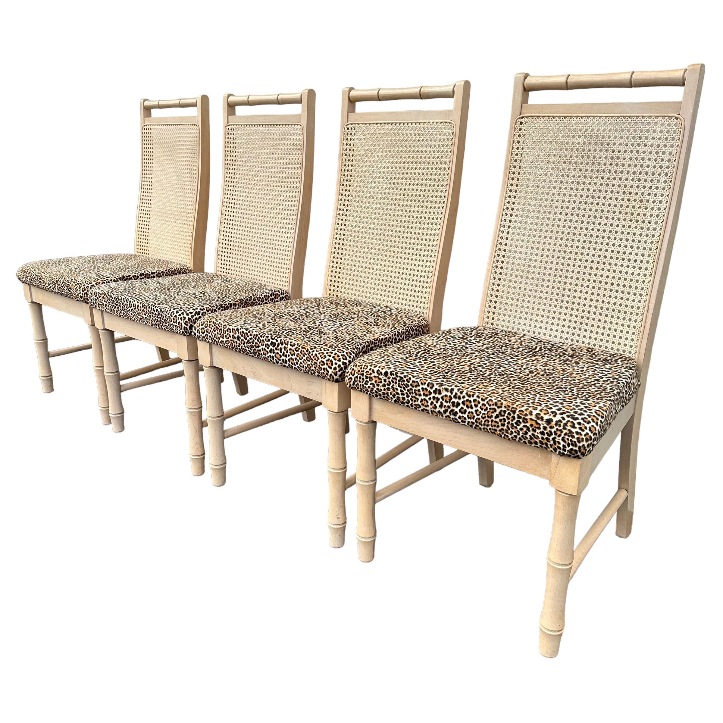 Faux Bamboo Dining Chairs Set of 4 by Broyhill - Vintage White Wash Wood, Rattan Cane & Leopard Print Fabric Hollywood Regency Coastal Style 