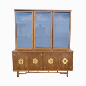 Chinoiserie China Cabinet with Asian Style Brass Hardware, Wood & Glass Display Hutch - Vintage Mid-Century Modern MCM Furniture