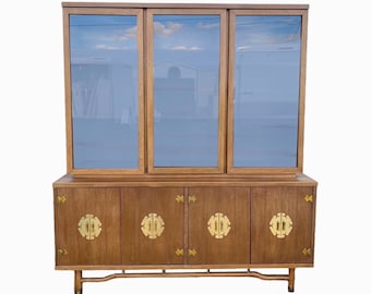 MidCentury Chinoiserie China Cabinet with Asian Style Brass Hardware, Wood & Glass Display Hutch - Vintage MCM Furniture