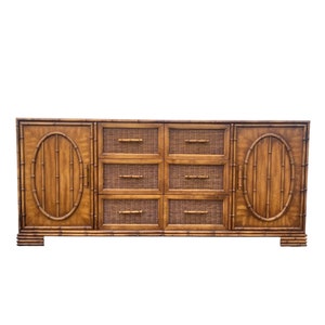 Vintage Faux Bamboo Sideboard by Stanley – Rattan Wicker Credenza TV Console 68&quot; – Hollywood Regency Buffet Cabinet