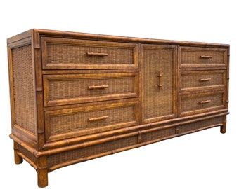 Vintage Hollywood Regency Dresser by American of Martinsville 69" Long with 9 Drawers, Faux Bamboo Wood & Rattan Wicker - Coastal Credenza