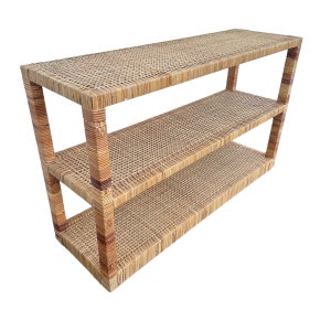 Rattan Console Table 48" Wide - Vintage Wicker Shelf Hollywood Regency Coastal Boho Chic Entry or Sofa Table