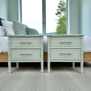 Vintage Faux Bamboo Nightstands: Green Hollywood Regency End Tables - Henry Link Bali Hai Set