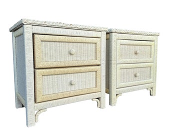 Set of 2 Henry Link Wicker Nightstands FREE SHIPPING - Vintage White Wrapped Rattan Coastal Boho Chic End Tables Pair