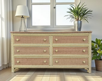 Henry Link Wicker Dresser with 6 Drawers - Vintage Wrapped Rattan Coastal Boho Chic Furniture